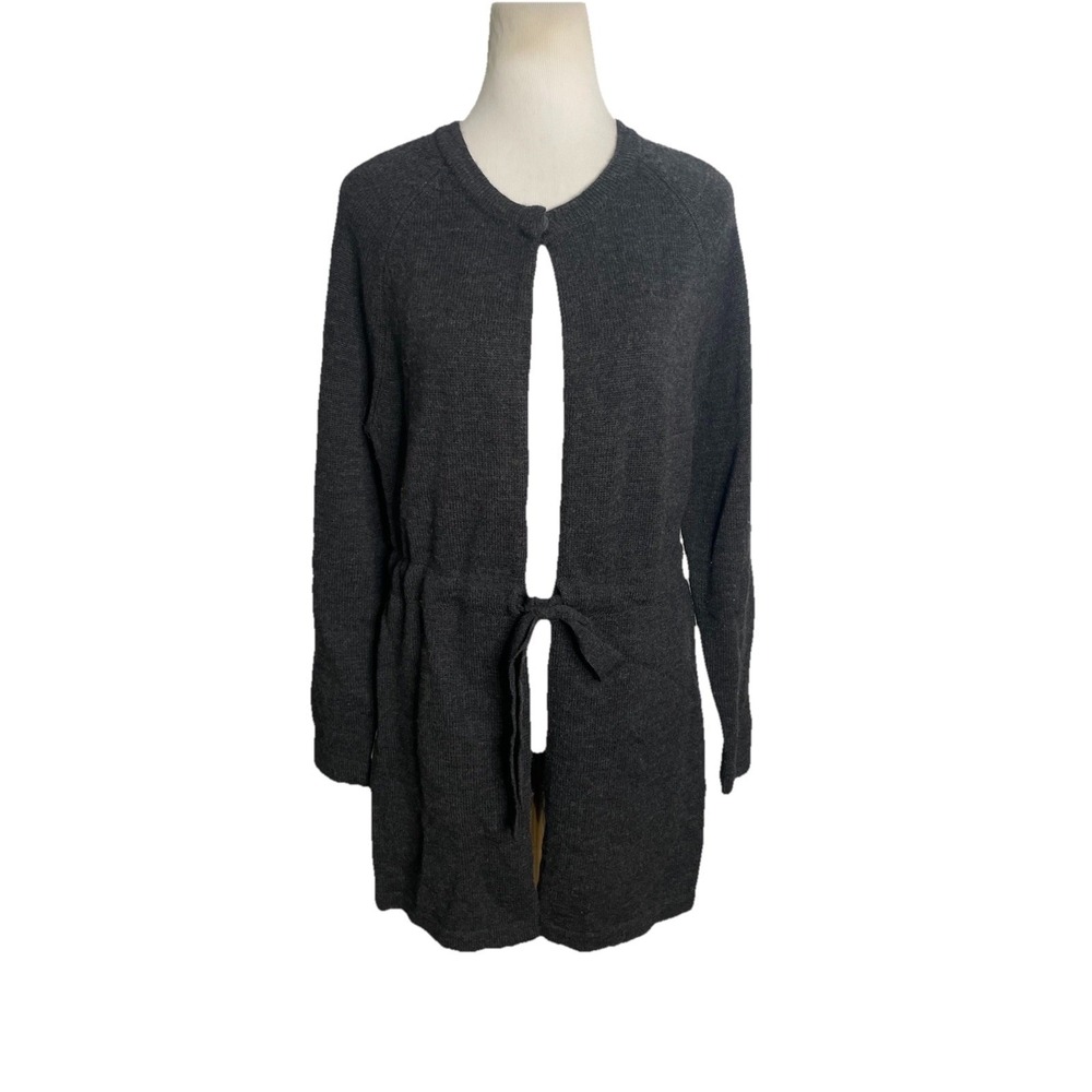 Vtg Susan Bristol Merino Wool Gray  Sweater Cardigan Belted Cozy Minimalist M - Picture 2 of 4